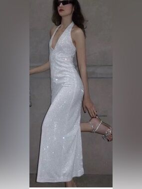 Zara Mirrored Halter midi white Dress Plunge Sparkly White Silver L